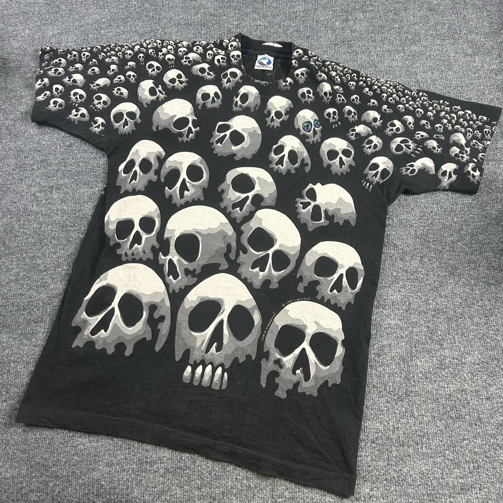Vintage Liquid Blue Shirt Mens Large Black Skull Spiral All Over Graphic 1992